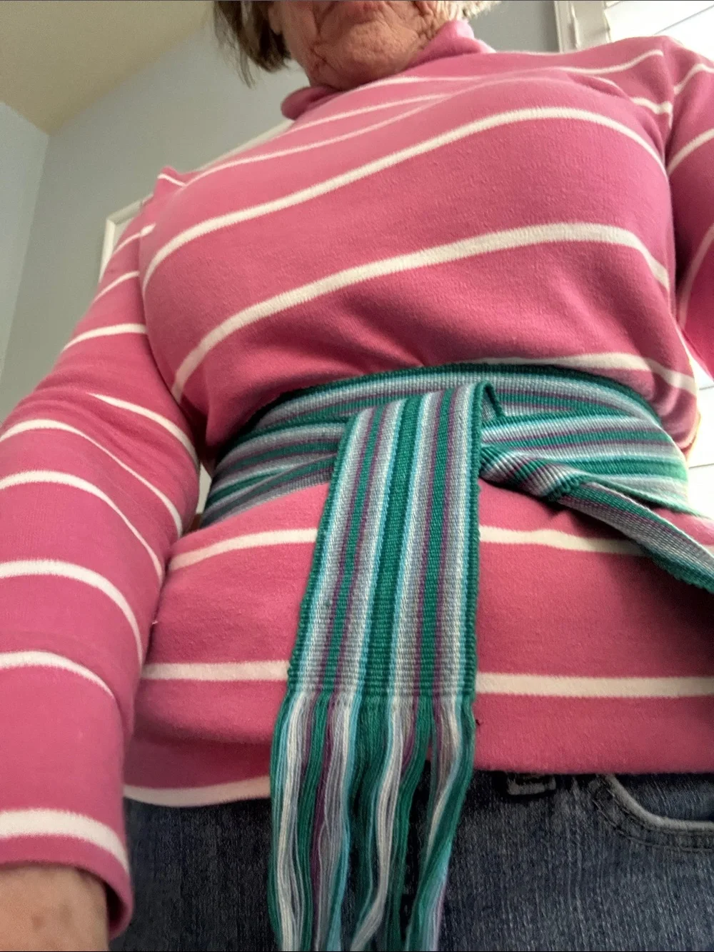 Striped Fringe Woven Belt in Teal, White & Purple